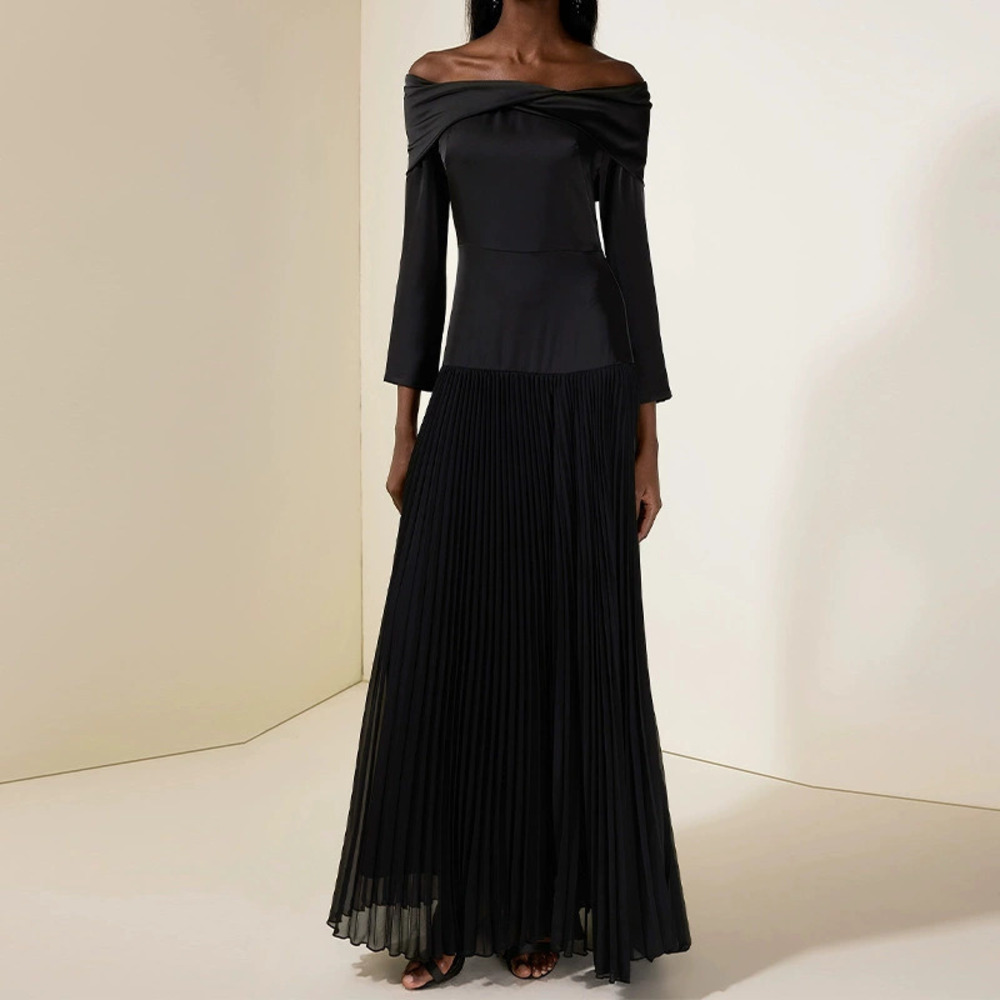 Forever 21 Off-Shoulder Long-Sleeve Slim-Fit Black Patchwork Dress